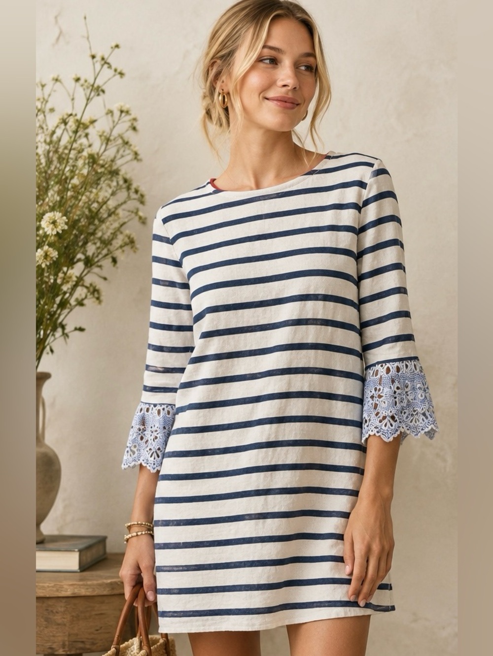 Sea New York Navy & White Striped Dress with Lace Bell Sleeves
